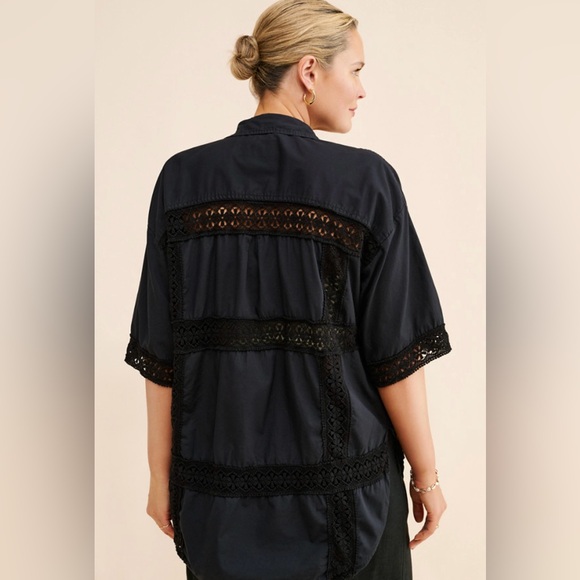 Tricia Fix for re_nuuly upcycled Black Lace Trim Button-Up Shirt sz M - Picture 3 of 12
